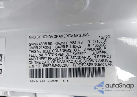 2021 Acura Tlx Standard z USA, uszkodzony, nr VIN 19UUB5F33MA006290